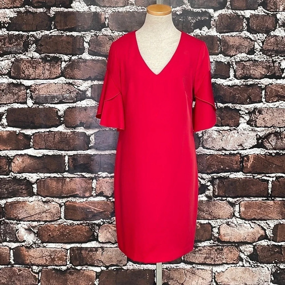 Trina Turk Dress Red Knee Length Sheath V-Neck Bell Sleeves Size 2 - Picture 3 of 16